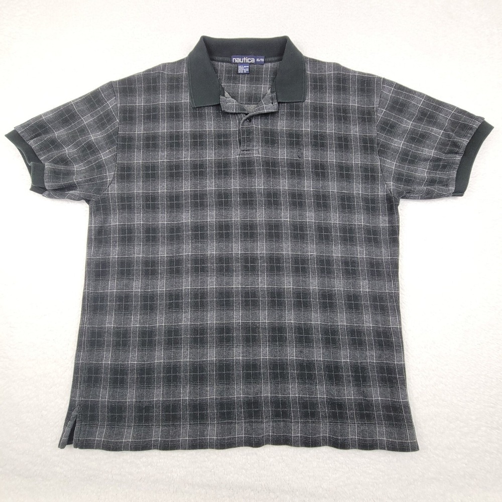 Vintage Nautica Polo Shirt Mens Large‎ Gray Black Plaid Cotton Short Sleeve Top